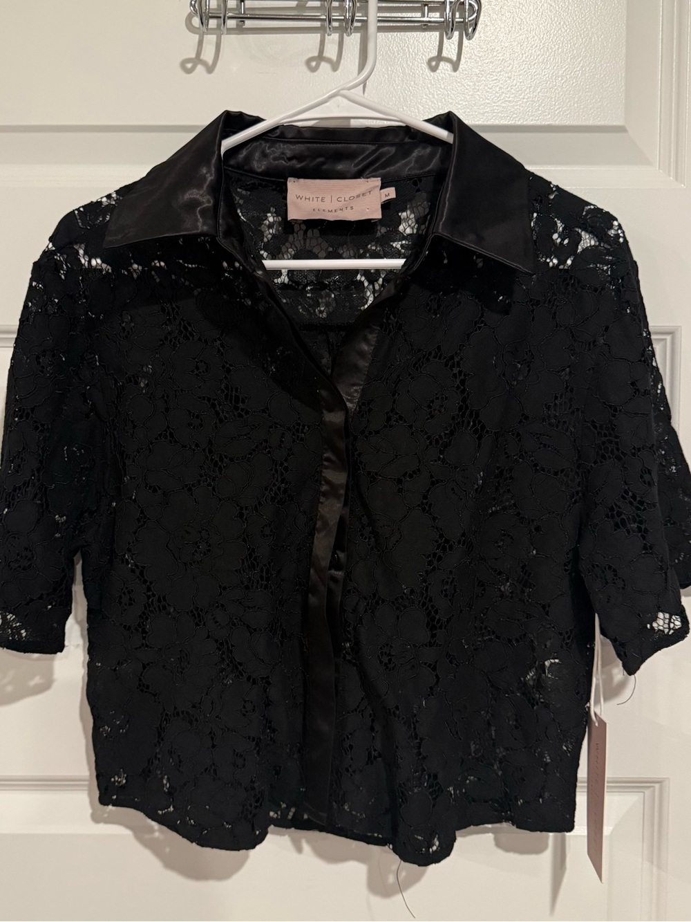 Black Floral Lace Short Sleeve Button-Up Top / Sheer Collared Blouse